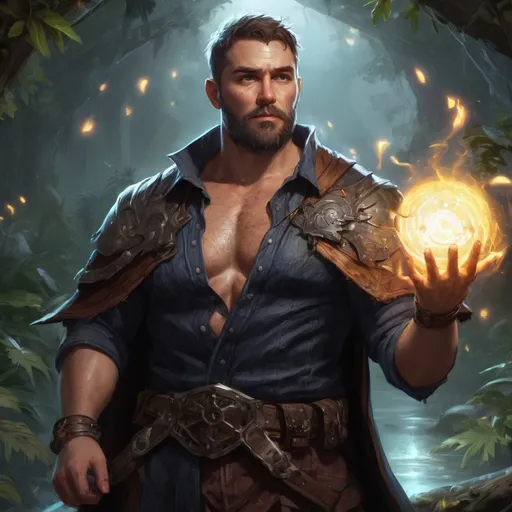 Prompt: Male stocky large fat templar with short-cut hair and beard, open shirt hairy chest, in combat casting a magic-ray out of hands in nature at night, pathfinder, d&d setting, in a realistic high quality digital art style, enhanced shadow quality, colorful
