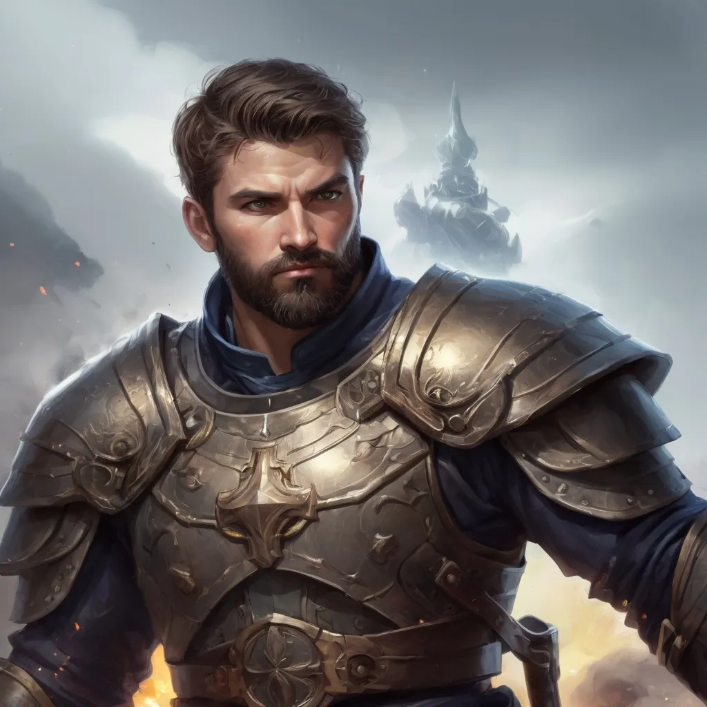 Prompt: (torso) Male stocky manly magical crusader with short-cut hair and beard, on a battlefield, in combat, holding a magic weapon, bright aura, pathfinder, d&d setting, in a realistic high quality digital art style, enhanced shadow quality