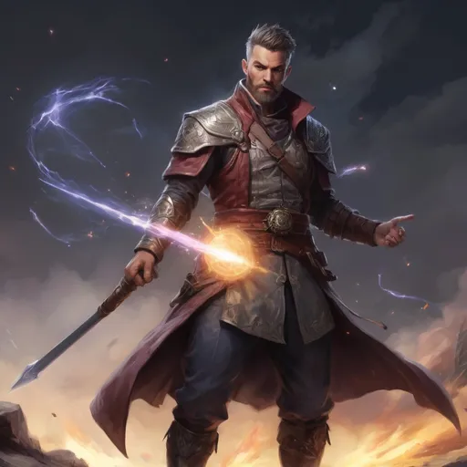 Prompt: Male stocky  mature illusion-mage with short-cut hair and beard, on a battlefield, in combat, casting a whitespell, pathfinder, d&d setting, in a realistic high quality digital art style, enhanced shadow quality, colorful