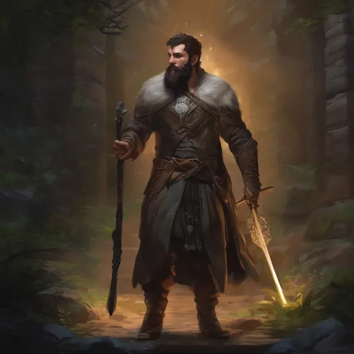 Prompt: (Full body) male stocky druid short-cut hair and beard, holding magical tree staff, in a dark temple dungeon, no shirt on, leaf-shoulderguards, cloak, heavy belt, pathfinder, d&d setting, in a realistic digital art style