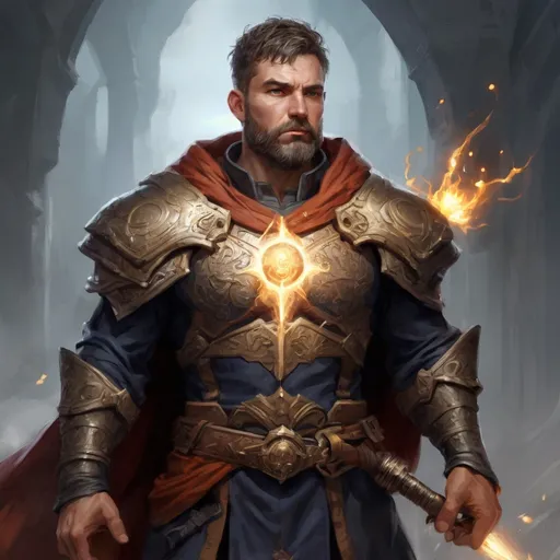 Prompt: (torso) Male stocky large mature fit battle-mage with short-cut hair and beard, engaged in combat casting a light-spell  nature, pathfinder, d&d setting, realistic, enhanced shadow quality