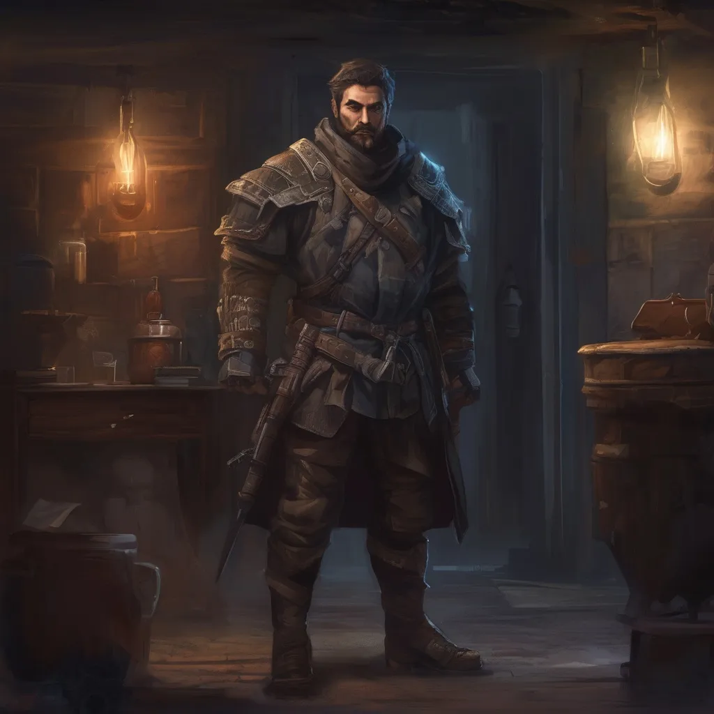 Prompt: (Full body) male stocky big-chested bandit with short hair and beard, in a dark room, pathfinder, d&d setting, in a realistic digital art style