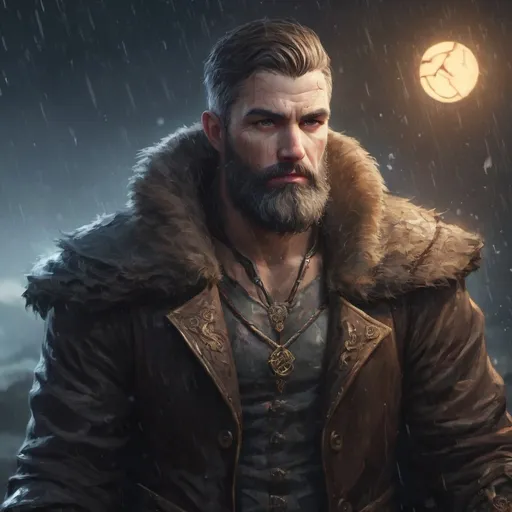 Prompt: (Full body) male stocky heavy-set 
transmuter with short hair and beard, hairy chest, casting swirly bright spell, in rainy nature at night, pathfinder, d&d setting, in a realistic high quality digital art style