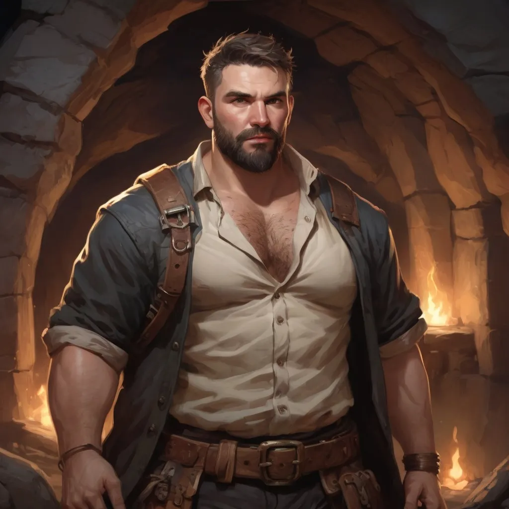 Prompt: Male stocky heavy-built warrior with short-cut hair and beard, open shirt with a big belly, inside a cavern dungeon at night, pathfinder, d&d setting, in a realistic high quality digital art style, enhanced shadow quality