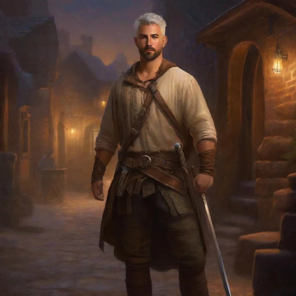 Prompt: (Full body) A male ranger with a fuzzy chest short-cut salt and pepper hair with short-beard manly face no shirt on, pathfinder, faint lights in the background, holding weapon, dungeons and dragons, brown boots, fantasy setting, standing in a backstreet at night, in a painted style realistic art