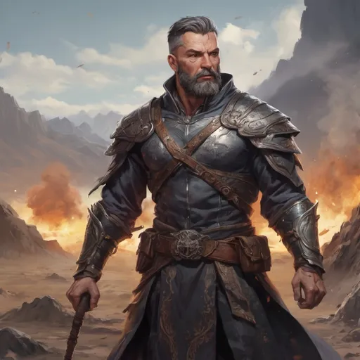 Prompt: Male stocky mature muscular magus with short-cut hair and beard, on a battlefield, in combat, holding a magic staff into the ground causing a earthquake-spell, pathfinder, d&d setting, in a realistic high quality digital art style, enhanced shadow quality, colorful