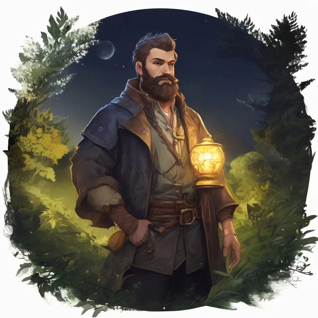 Prompt: (Full body) male stocky alchemist with short hair and beard, big arms, in nature at night, pathfinder, d&d setting, in a realistic digital art style