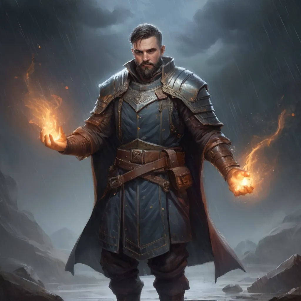 Prompt: Male stocky heavy-set large armoured cleric with short-cut hair and beard, casting a magical spell out of hands, on a battlefield in the rain, pathfinder, d&d setting, in a realistic high quality digital art style, enhanced shadow quality