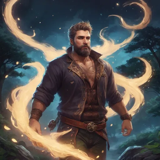 Prompt: male stocky large fat transmuter with short hair and beard, hairy chest, casting swirly bright spell, in nature at night, pathfinder, d&d setting, in a realistic high quality digital art style