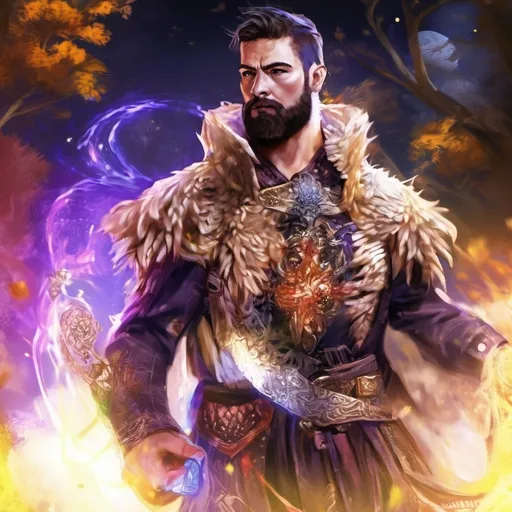 Prompt: (Full body) male stocky big-chested young wizard with striped short hair and beard, hairy chest, casting swirly bright spell, in nature at night, pathfinder, d&d setting, in a realistic high quality digital art style