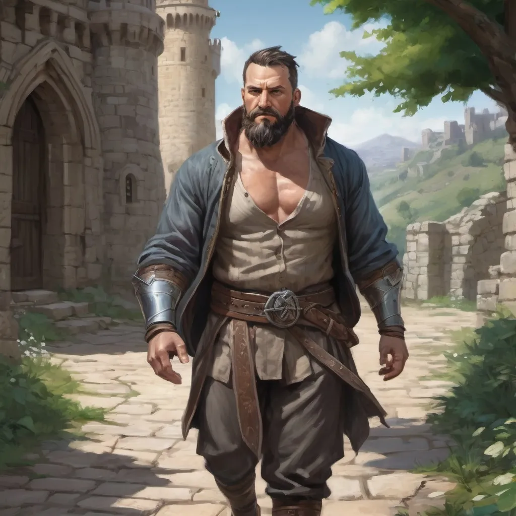 Prompt: (torso) Male stocky large fat beefy 37-year old knight with short-cut hair and beard, open shirt hairy chest, in movement on a windy path by a castle, pathfinder, d&d setting, in a realistic high quality digital art style, enhanced shadow quality, colorful