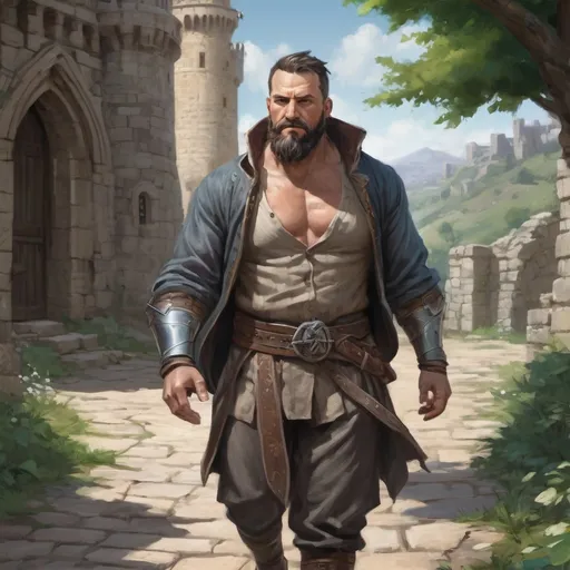 Prompt: (torso) Male stocky large fat beefy 37-year old knight with short-cut hair and beard, open shirt hairy chest, in movement on a windy path by a castle, pathfinder, d&d setting, in a realistic high quality digital art style, enhanced shadow quality, colorful