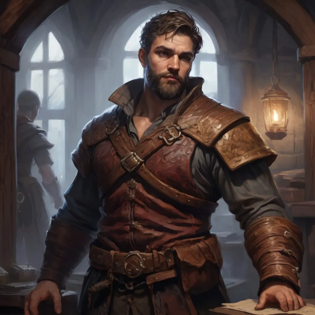 Prompt: Male stocky large muscular royal bard with short-cut hair and beard, exploring a dark tavern room, pathfinder, d&d setting, realistic, enhanced shadow quality