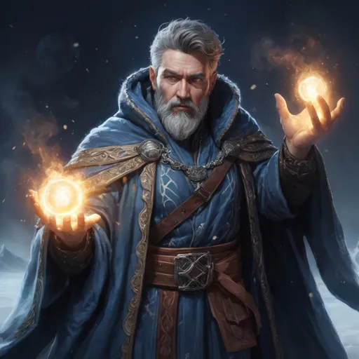 Prompt: Male stocky heavy-set mature sorcerer with short-cut hair and beard, magical robe, casting a magical frost-spell out of hands, on a batle field at night, pathfinder, d&d setting, in a realistic high quality digital art style, enhanced shadow quality