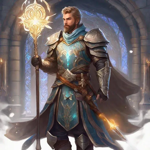 Prompt: A male mage with dark-blonde short hair and beard, cloth armor, holding magical staff, boots, magical swirls, standing in a labratory, pathfinder, dungeons & dragons, in a detailed realistic digital art style