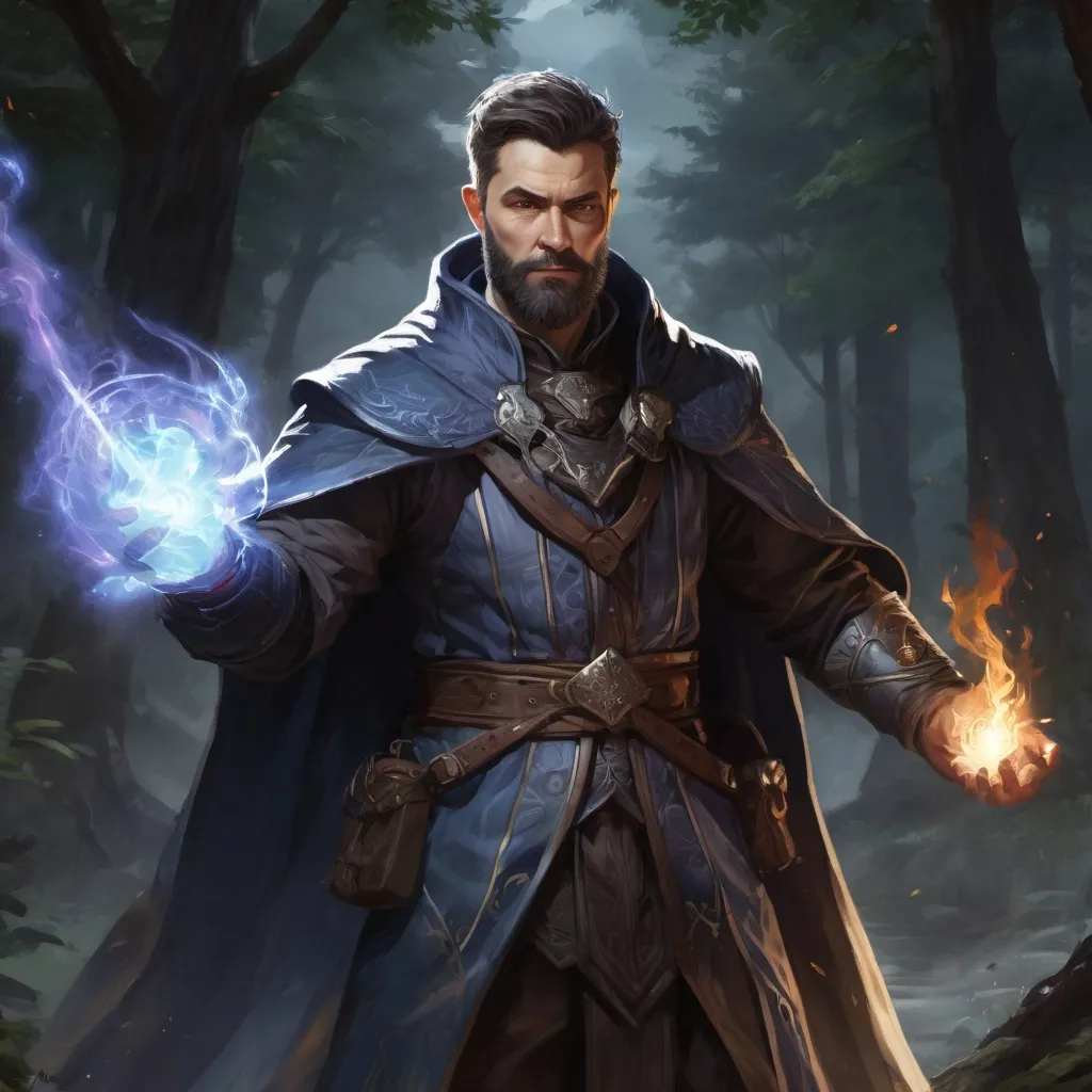 Prompt: Male stocky heavy-set mature summoner with short-cut hair and beard, magical glowing robes, casting a spell in combat, in nature at night, pathfinder, d&d setting, in a realistic high quality digital art style, enhanced shadow quality