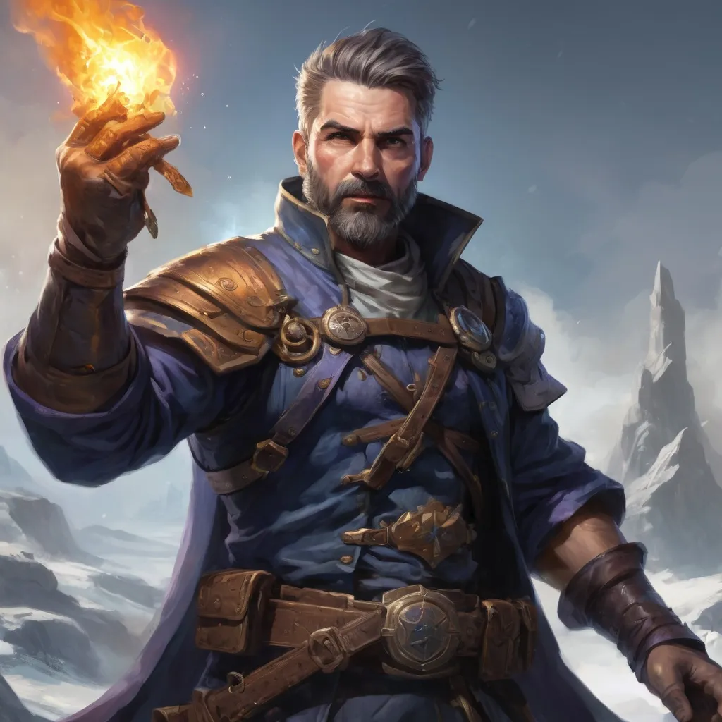 Prompt: Male stocky heavy-set mature fit large arcane-alchemist with short-cut hair and beard, on a battlefield, in combat, holding a frostbomb, pathfinder, d&d setting, realistic high quality, enhanced shadow quality, colorful