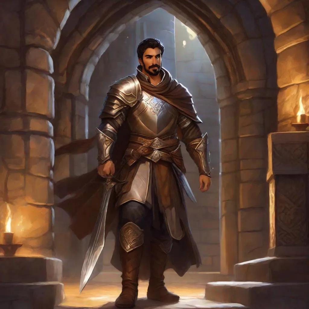 Prompt: (Full body) A broad-chested large arab male paladin with short-cut hair a mustache and stubble, pathfinger,  heavy-armor, magic swirl around hand, dungeons and dragons, hairy chest, brown boots, fantasy setting, coming out a large towngate late at night, in a painted style realistic art