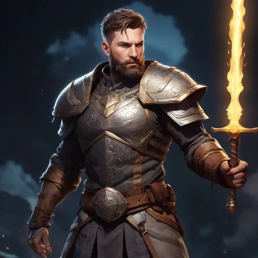 Prompt: (torso) Male stocky mature light-ranger with short-cut hair and beard, on a battlefield at night, in combat, holding a magic weapon, bright aura, pathfinder, d&d setting, in a realistic high quality digital art style, enhanced shadow quality