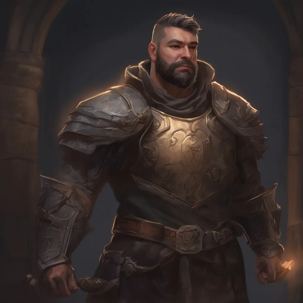 Prompt: (Full body) male stocky large paladin with short hair and beard, big belly, exploring a dark dungeon, pathfinder, d&d setting, in a realistic digital art style