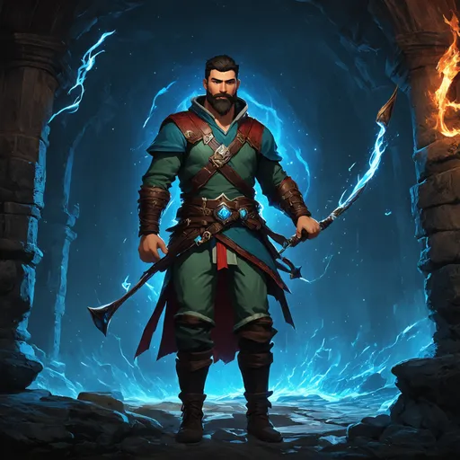 Prompt: (Full body) male ranger with short hair and beard, holding a bow, exploring an underground temple in the dark, magic swirls, pathfinder, d&d setting, in a drawn digital art style