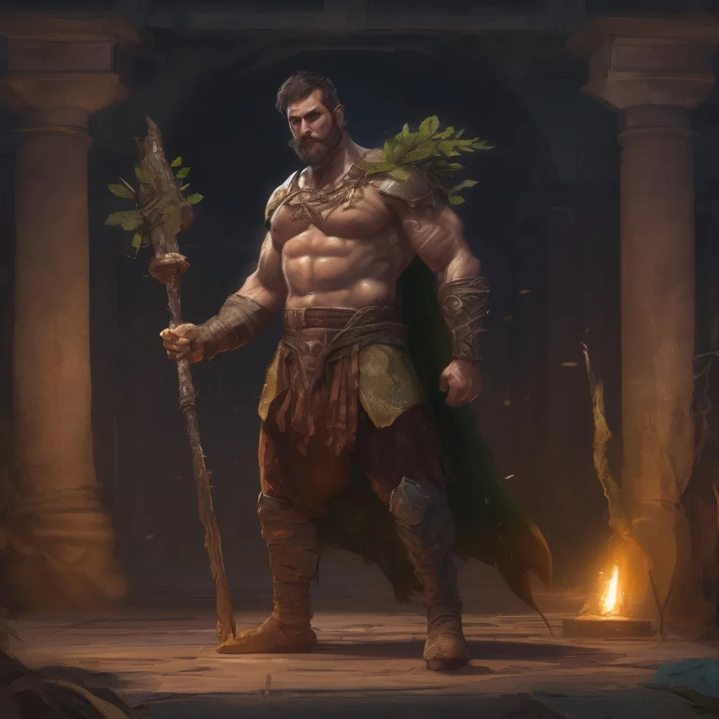 Prompt: (Full body) male stocky druid short-cut hair and beard, holding magical tree staff, in a dark temple dungeon, no shirt on, leaf-shoulderguards, cloak, heavy belt, pathfinder, d&d setting, in a realistic digital art style