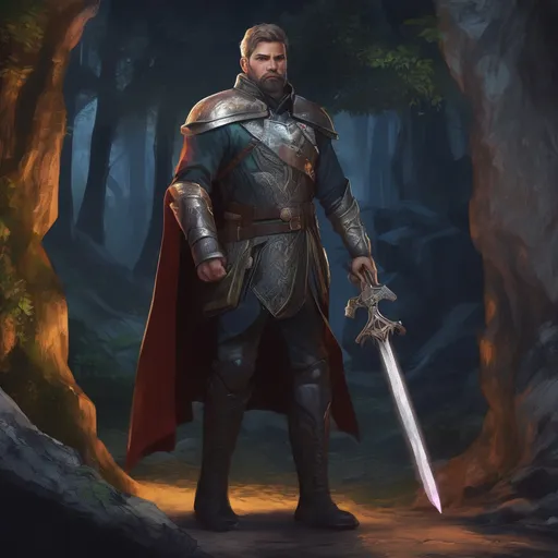 Prompt: (Full body) male handsome large magical royal noble with short hair and beard, outside of a cave by a forest at night, pathfinder, d&d setting, in a realistic high quality digital art style