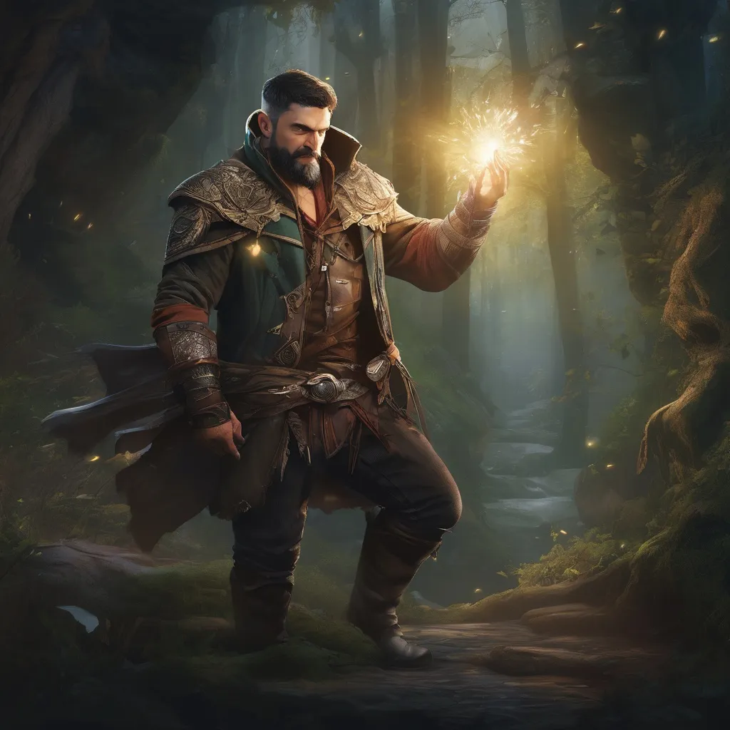 Prompt: (Full body) male stocky handsome muscular warlock with short-cut hair and beard, casting a swirly magic spell, in a forest cave at night pathfinder, d&d setting, in a realistic high quality digital art style