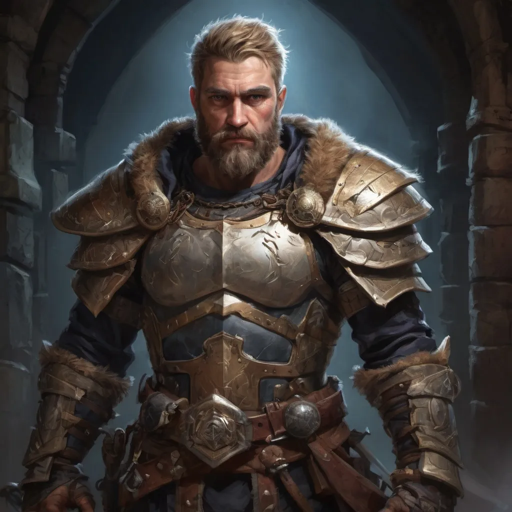 Prompt: Male stocky hairy mature warrior in  a breastplate, with short dark-blonde hair and beard, exploring a dark dungeon, pathfinder, d&d setting, in a realistic high quality digital art style, enhanced shadow quality, very colorful