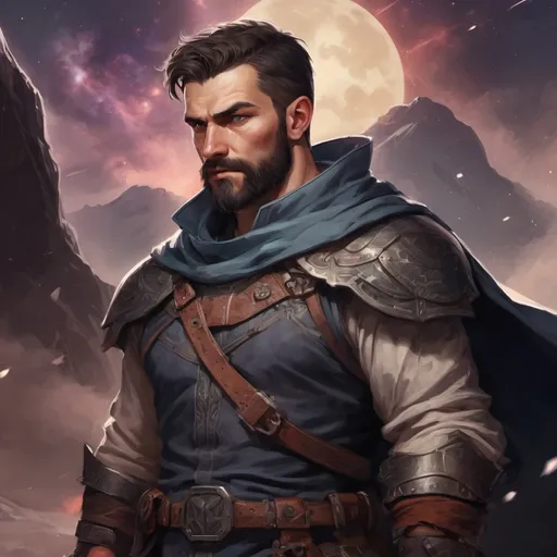 Prompt: Male stocky large mature albanian fighter with short-cut hair and beard, exploring a dark astral plane, pathfinder, d&d setting, in a realistic high quality digital art style, enhanced shadow quality, colorful