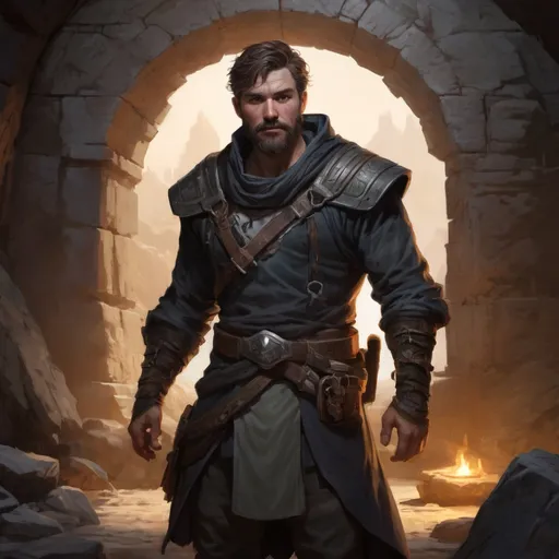 Prompt: Male stocky heavy-built rogue with short-cut hair and beard, outside of a cave entrance in a temple ruin at night, pathfinder, d&d setting, in a realistic high quality digital art style, enhanced shadow quality