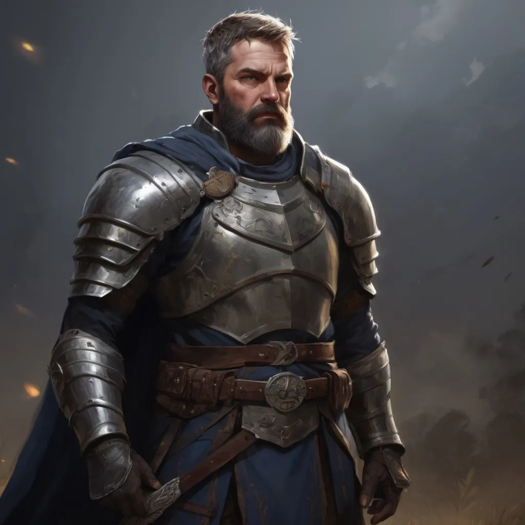 Prompt: (Full body) male stocky masculine mature royal knight with short hair and beard, hairy chest, in a dark field, pathfinder, d&d setting, in a realistic high quality digital art style