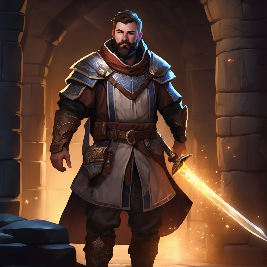 Prompt: (Full body) male magical stocky cleric with short hair and beard, in a dark dungeon, pathfinder, d&d setting, in a realistic digital art style