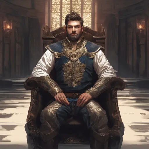 Prompt: (Full body) male stocky young royal noble with short-cut hair and beard, in a dark throne room, pathfinder, d&d setting, in a realistic digital art style