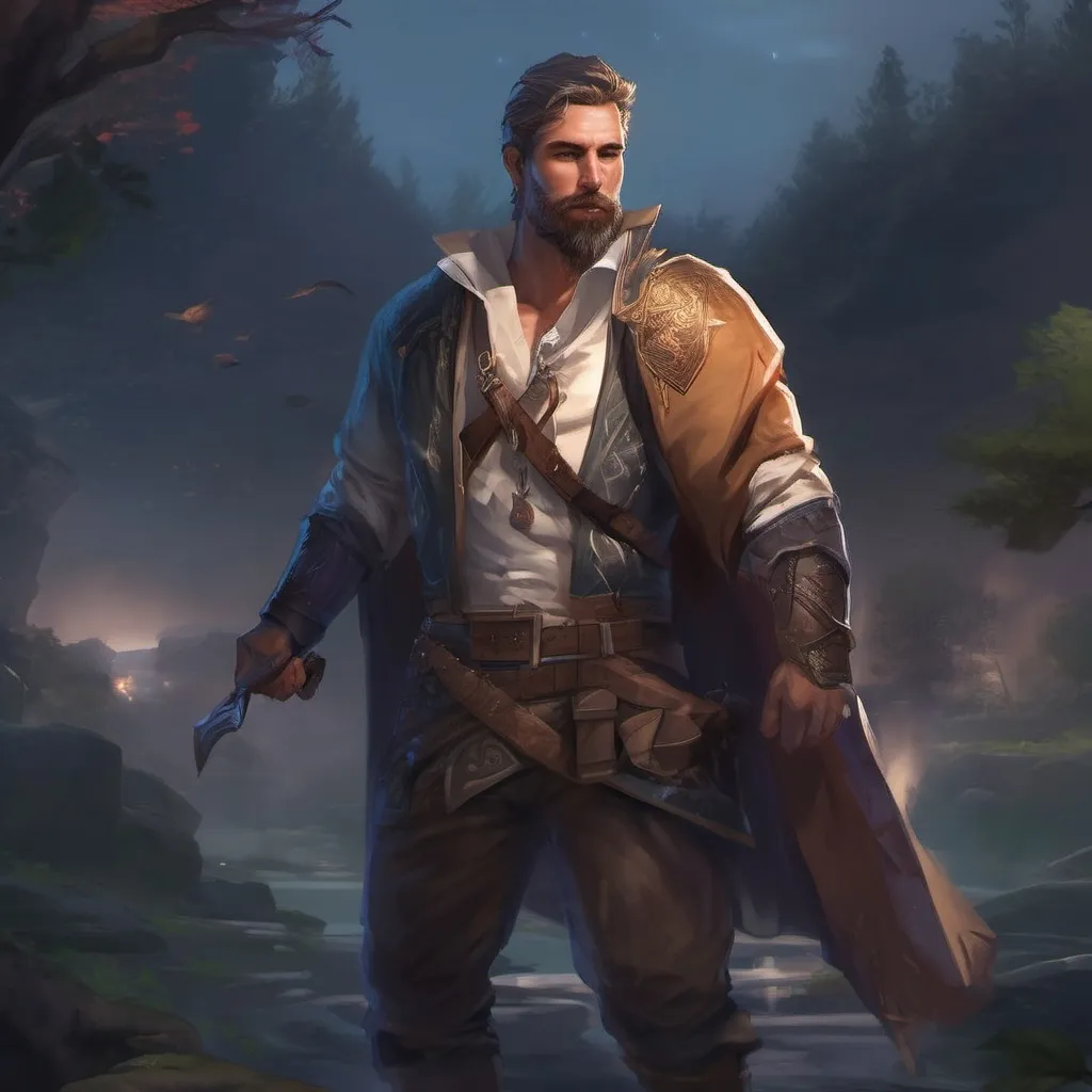 Prompt: (Full body) male stocky big-chested Noble thief with blonde short hair and beard, open shirt, in nature at night, pathfinder, d&d setting, in a realistic digital art style