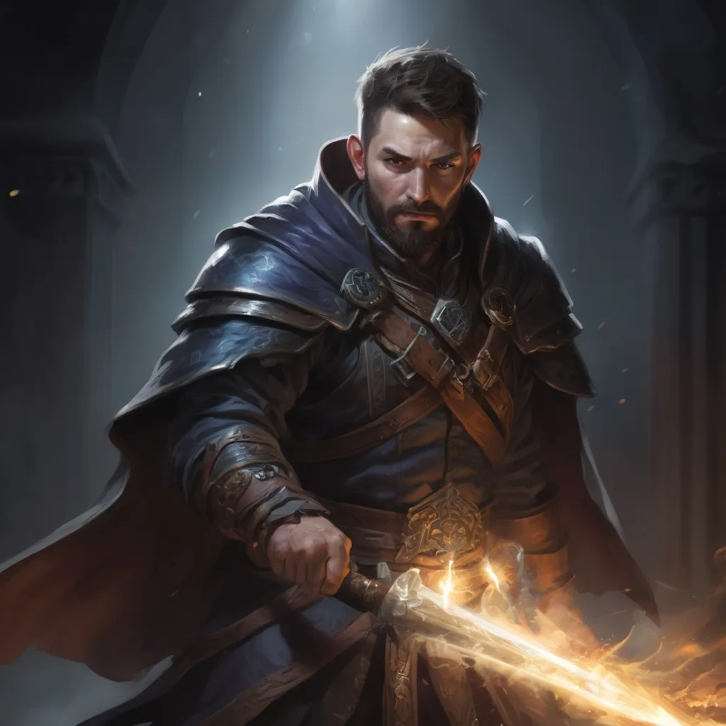 Prompt: Male stocky large battle-mage with short-cut hair and beard, engaged in combat casting a white-light spell inside of a dark dungeon, pathfinder, d&d setting, enhanced shadow quality, colorful