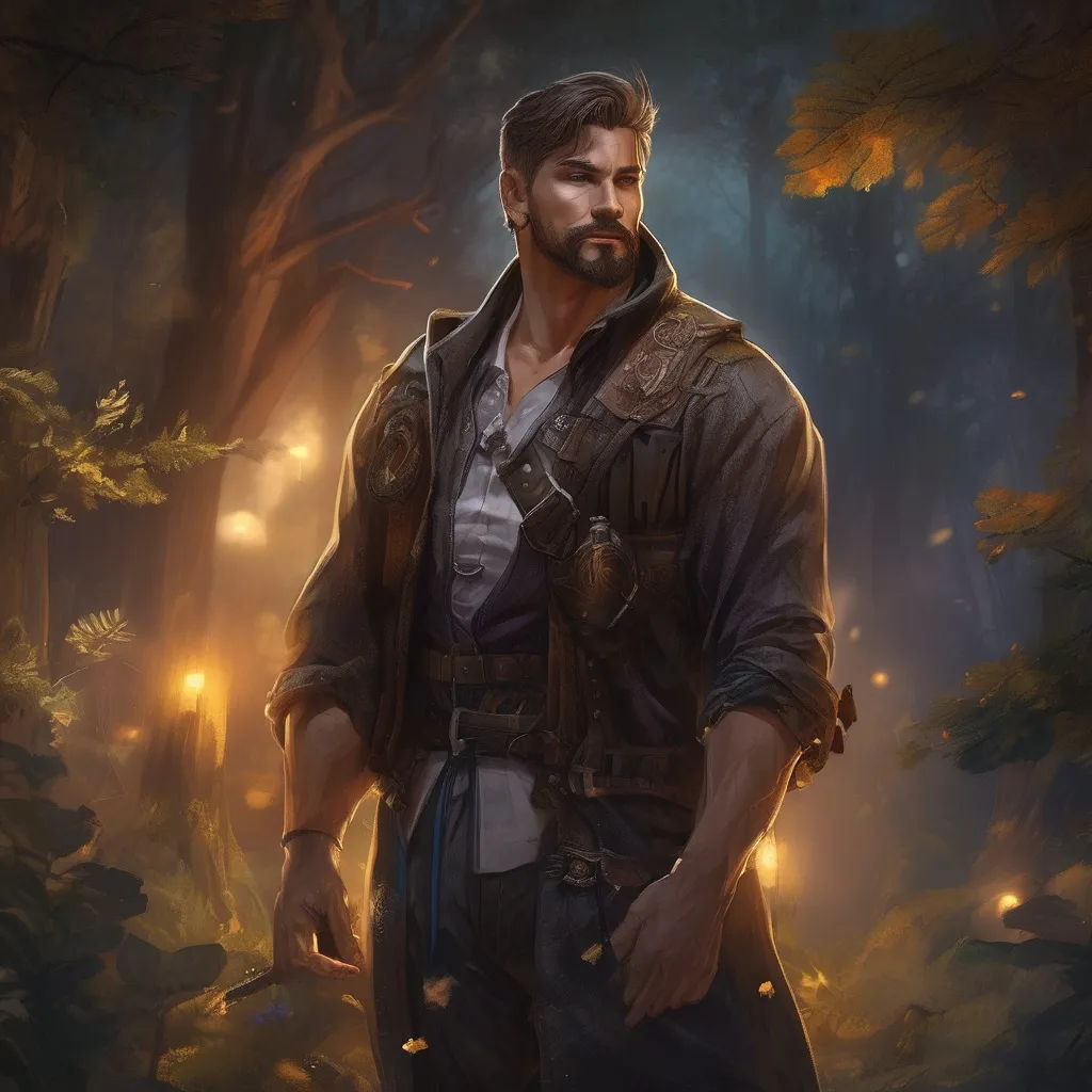 Prompt: (Full body) male handsome muscular alchemist with short hair and beard, in a forest at night, pathfinder, d&d setting, in a realistic high quality digital art style