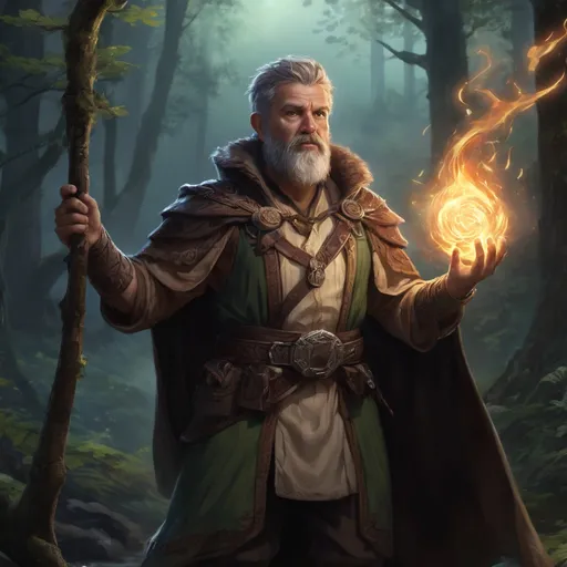 Prompt: Male stocky heavy-set mature druid with short-cut hair and beard, magical glowing robes, casting a spell in combat outside of fantasy forest at night, pathfinder, d&d setting, in a realistic high quality digital art style, enhanced shadow quality