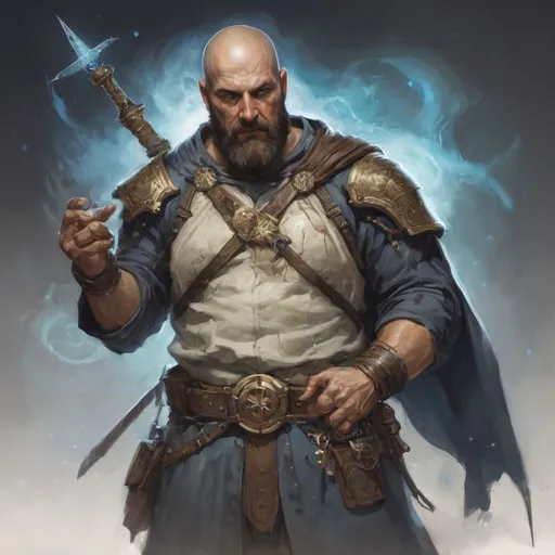 Prompt: (torso) Male stocky large 38-year old battle-cleric with short hair and beard, engaged in combat casting an magical arcane-spell, in a village under siege at night, in movement, pathfinder, d&d setting, realistic, enhanced shadow quality, colorful ((norman rockwell))
