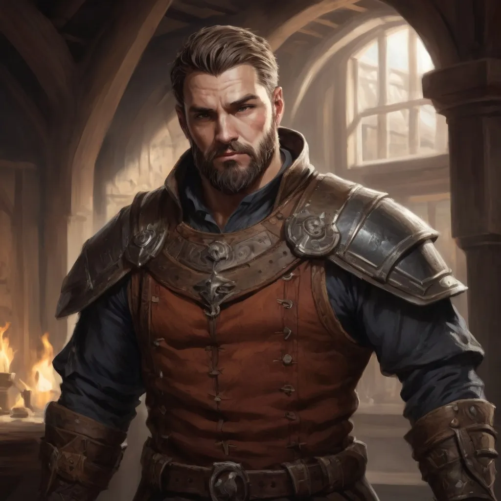 Prompt: Male stocky large muscular royal bard with short-cut hair and beard, exploring a dark tavern room, pathfinder, d&d setting, realistic, enhanced shadow quality