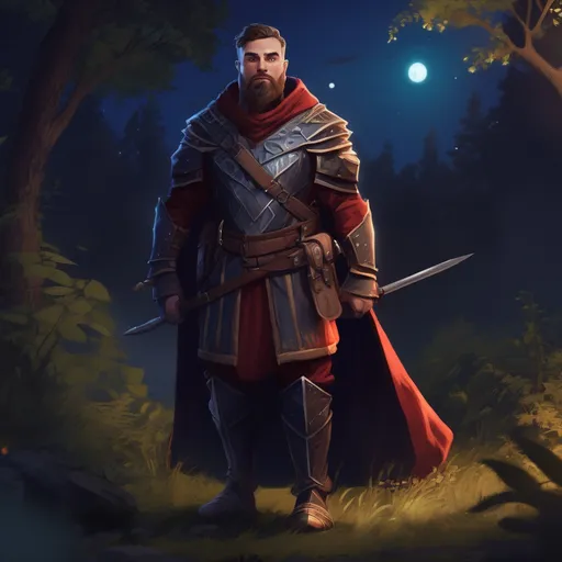 Prompt: (Full body) male magical stocky royal guard with short hair and beard, in nature at night, pathfinder, d&d setting, in a realistic digital art style