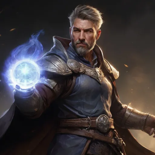 Prompt: (torso) Male stocky large mature fit battle-mage with short-cut hair and beard, engaged in combat casting a light-spell  nature, pathfinder, d&d setting, enhanced shadow quality