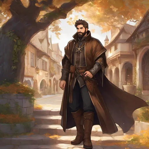 Prompt: (Full-body) a handsome large manly hairy male alchemist with short hair and short beard, magic light swirl in one hand, wearing dark armor with vines and wooden details, visible chest hair, brown cloak, boots, street in a town, in a shaded painted style