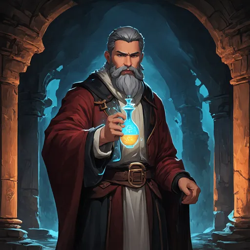 Prompt: (Full body) male alchemist with grey short hair and beard, holding a glowing potion, exploring an underground temple in the dark, magic swirls, pathfinder, d&d setting, in a drawn digital art style