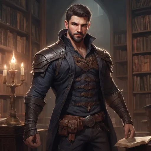 Prompt: (Full body) male stocky masculine manly hunky royal assasin with short hair and beard, hairy chest, in a dark library, pathfinder, d&d setting, in a realistic high quality digital art style