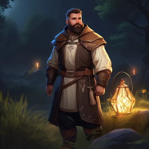 Prompt: (Full body) male stocky big-chested hairy-chested cleric with short hair and beard, in nature at night, pathfinder, d&d setting, in a realistic digital art style