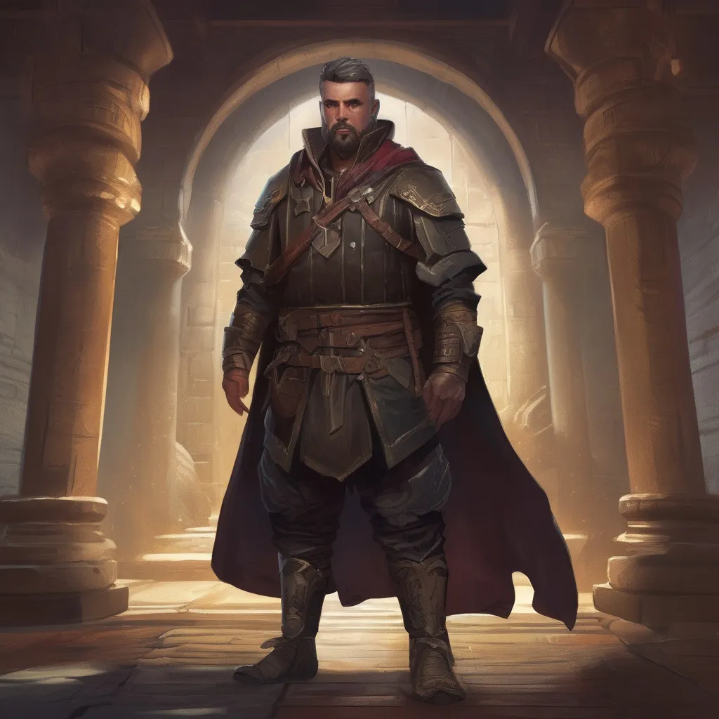 Prompt: (Full body) male stocky mage-hunter with short-cut hair and beard, in a dark magic temple dungeon, wearing big shoulderguards, pathfinder, d&d setting, in a realistic digital art style