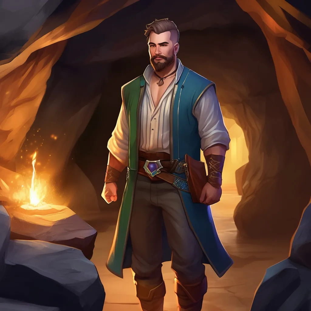 Prompt: (Full body) male stocky magical balance-mage with short hair and beard, open shirt, in a underground cave, pathfinder, d&d setting, in a realistic digital art style