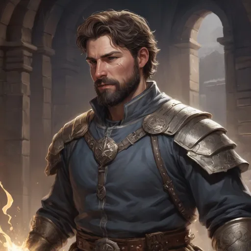 Prompt: (torso) Male stocky large handsome cleric with short-cut hair and beard, in combat casting a light-spell inside a dungeon, pathfinder, d&d setting, enhanced shadow quality