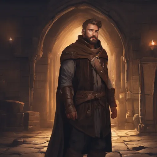 Prompt: (Full body) male stocky large young wizard with light brown short-cut hair and beard, in a dark underground, pathfinder, d&d setting, in a realistic digital art style